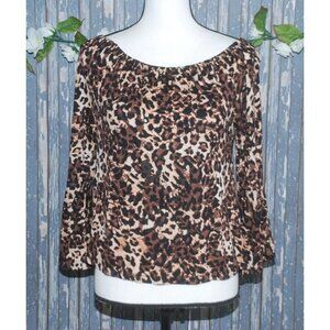 Lascana Ladies Brown Cheetah Print Blouse Top Size S 3/4 Bell Sleeves Animal Pri